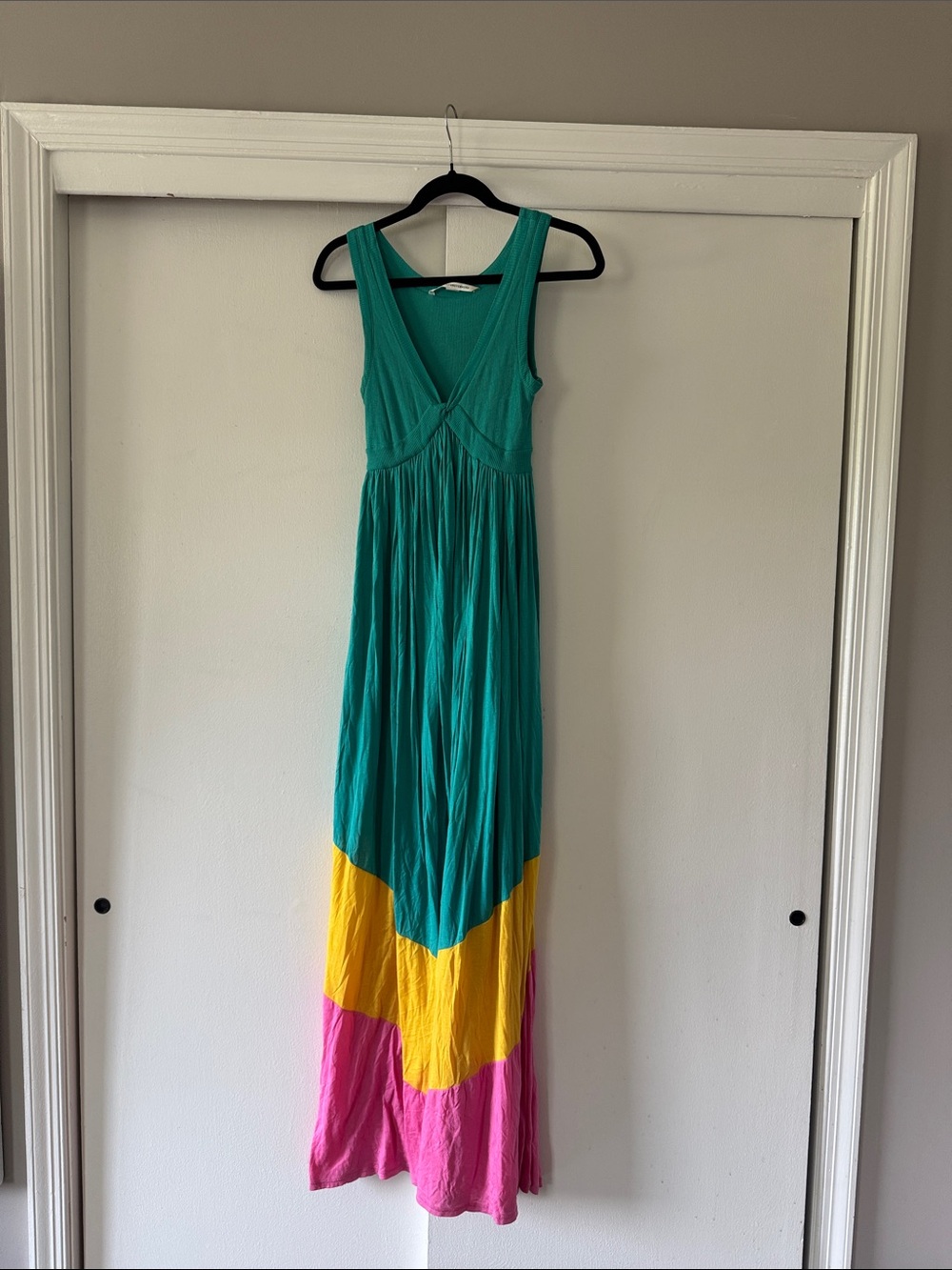 Diane Von Furstenberg Teal Maxi Dress with Yellow and Pink Hem Panels